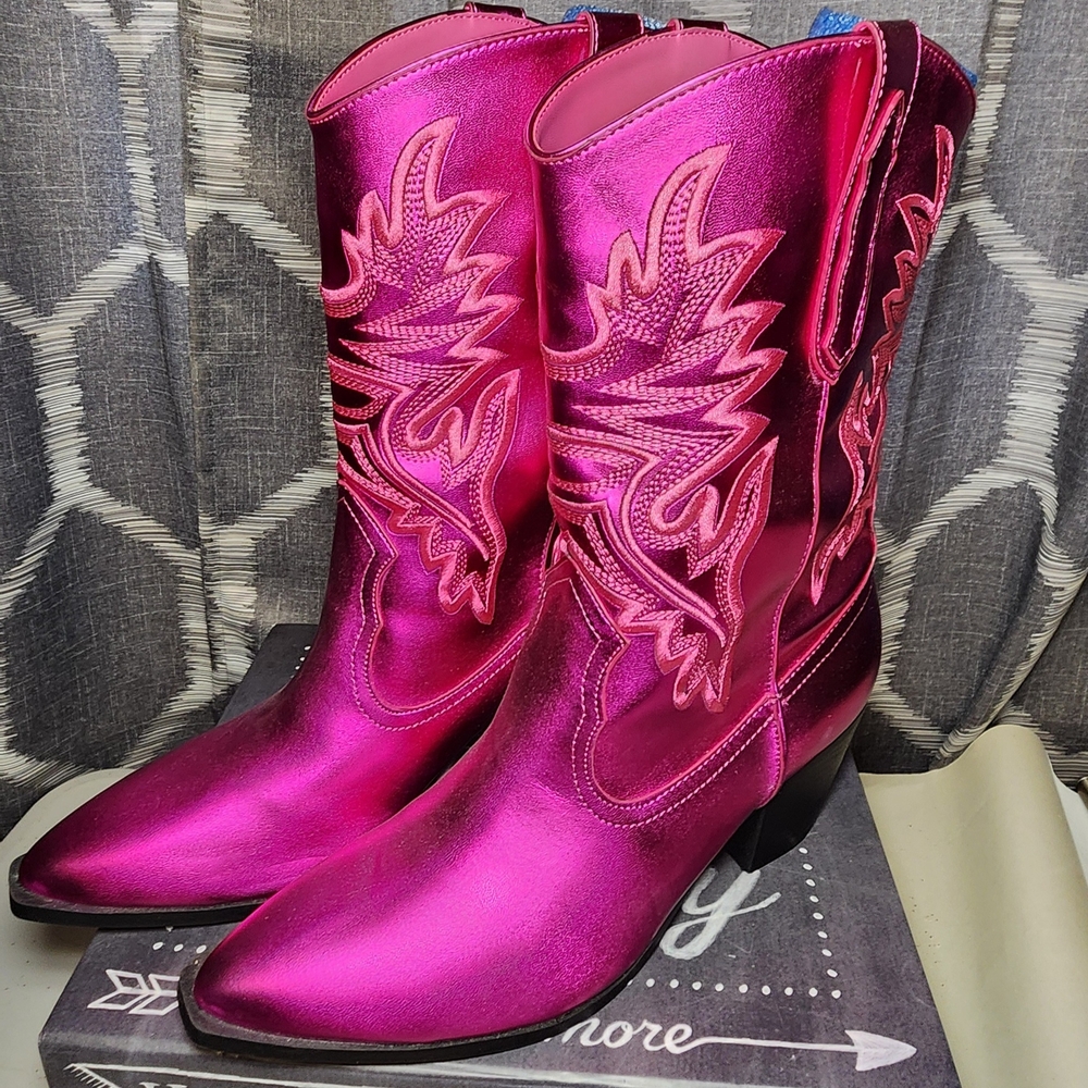 Never Worn Pink Metallic Heeled Boots with Western Flair